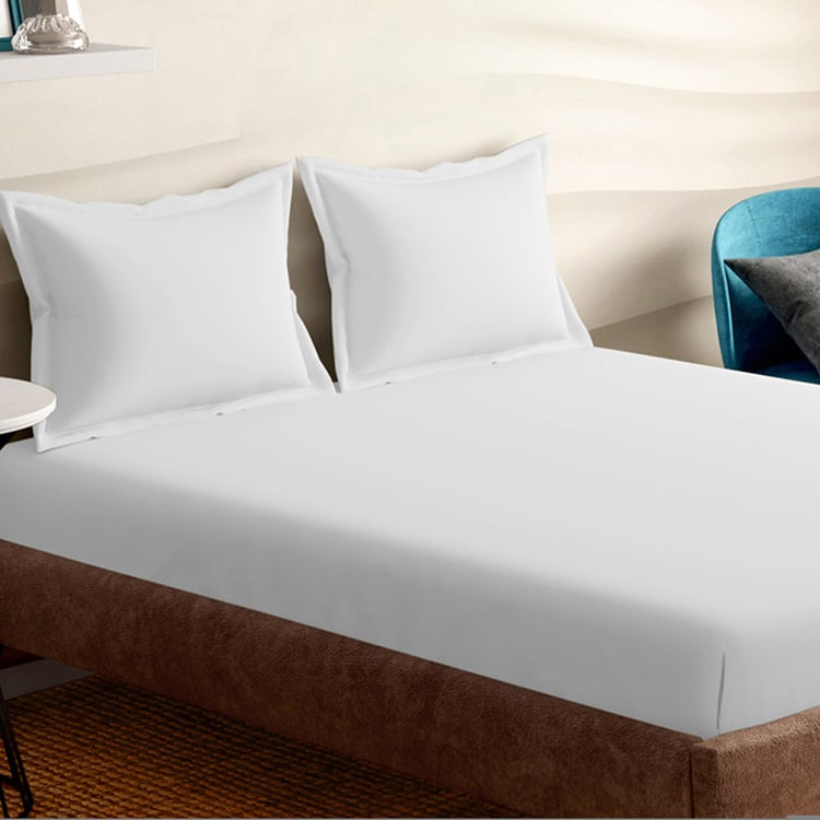 PORTICO Shades White Solid Cotton Queen Double Bedsheet Set - 224x254cm - 3Pcs