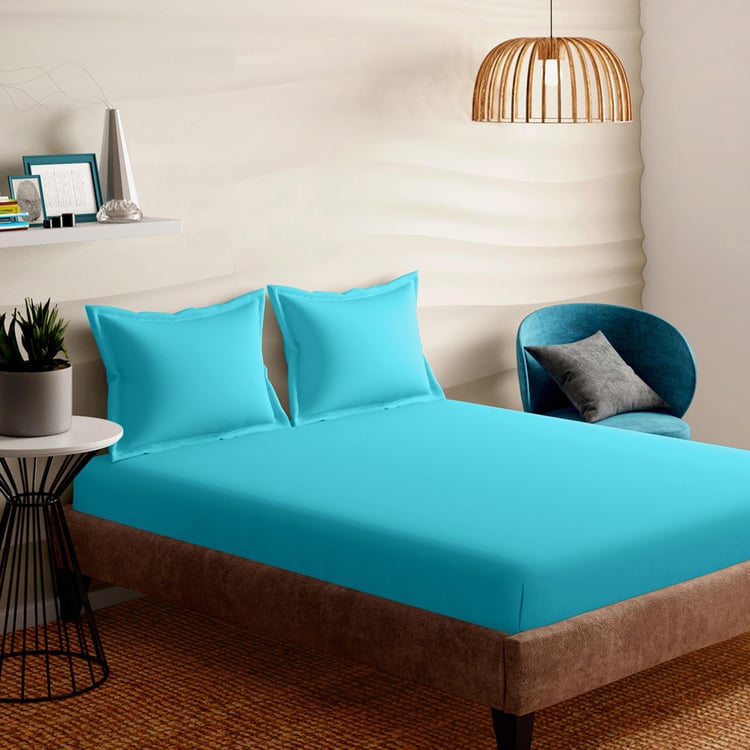 PORTICO Shades Blue Solid Cotton Queen Double Bedsheet Set - 224x254cm - 3Pcs
