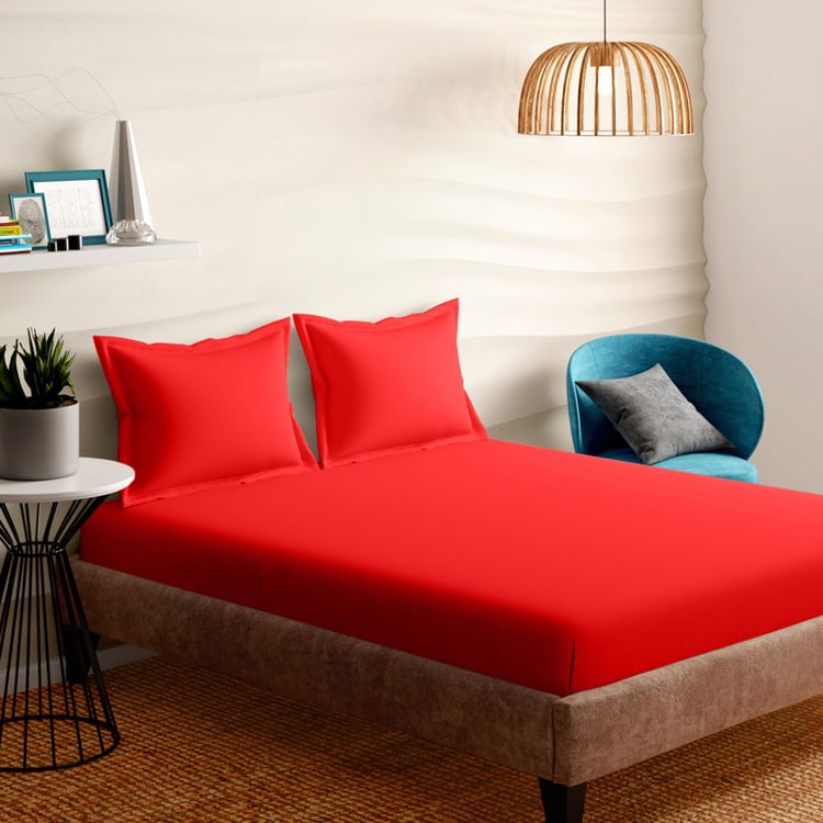 PORTICO Shades Red Solid Cotton Queen Bedsheet Set - 224x254cm - 3Pcs