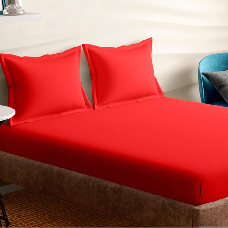 PORTICO Shades Red Solid Cotton Queen Bedsheet Set - 224x254cm - 3Pcs