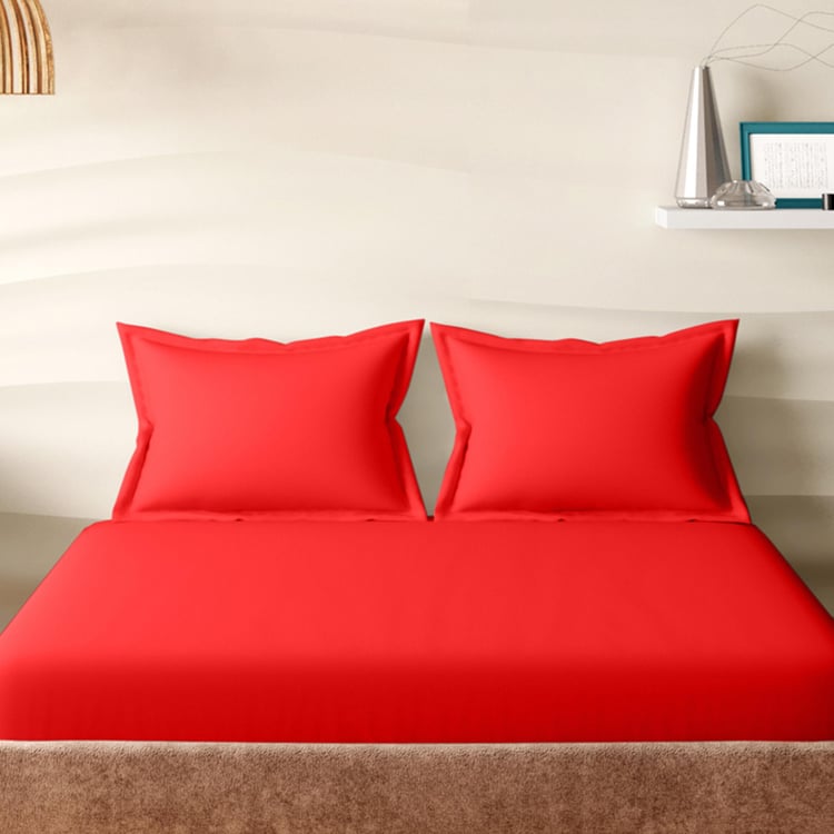 PORTICO Shades Red Solid Cotton Double Bedsheet Set - 224x254cm - 3Pcs