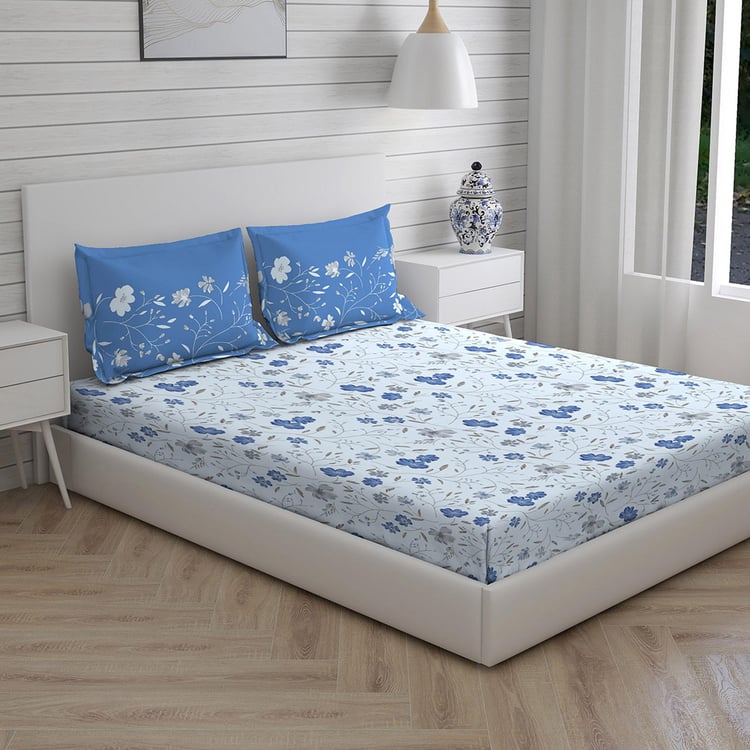LAYERS Trevi Blue Printed Cotton Queen Bedsheet Set - 3Pcs