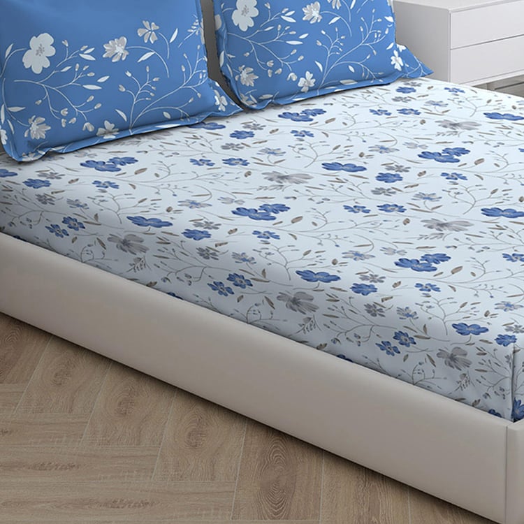 LAYERS Trevi Blue Printed Cotton Queen Bedsheet Set - 3Pcs