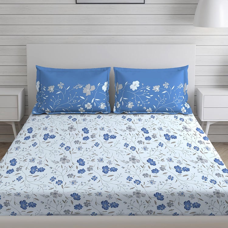 LAYERS Trevi Blue Printed Cotton Queen Bedsheet Set - 3Pcs