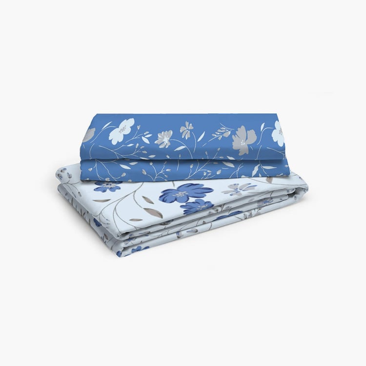 LAYERS Trevi Blue Printed Cotton Queen Bedsheet Set - 3Pcs
