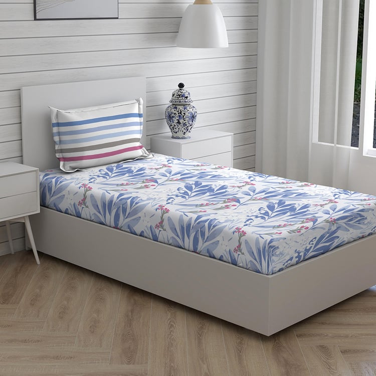 LAYERS Trevi Blue Printed Cotton Single Bedsheet Set - 1.52x2.24m - 2Pcs
