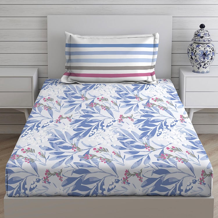 LAYERS Trevi Blue Printed Cotton Single Bedsheet Set - 1.52x2.24m - 2Pcs