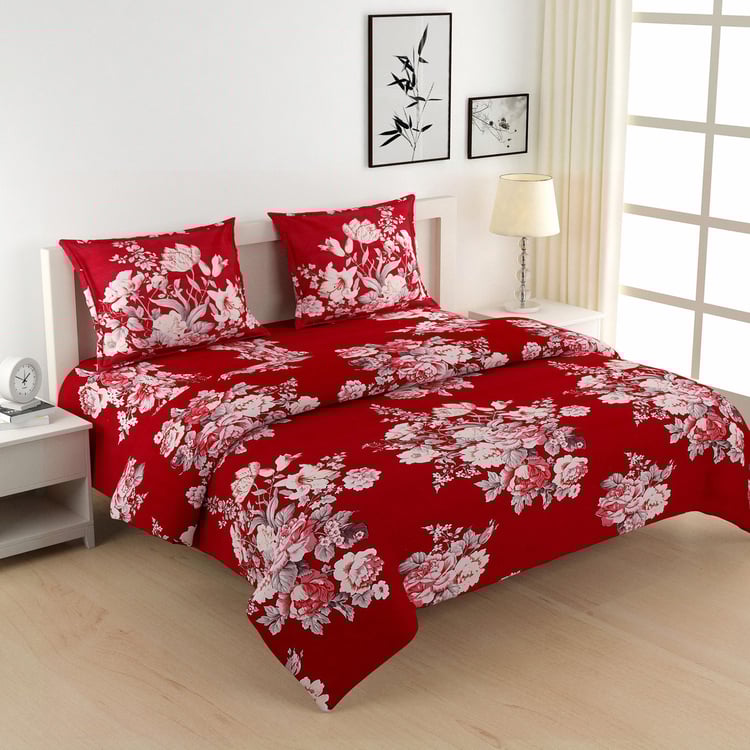 SWAYAM Grand Opal Red Printed Cotton Bed-In-A-Bag Set - 4Pcs