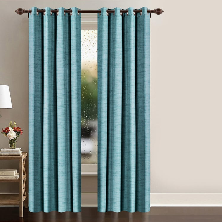 DECO WINDOW Solid Blue Textured Semi-Blackout Door Curtain - 122x228 cm - Set Of 2
