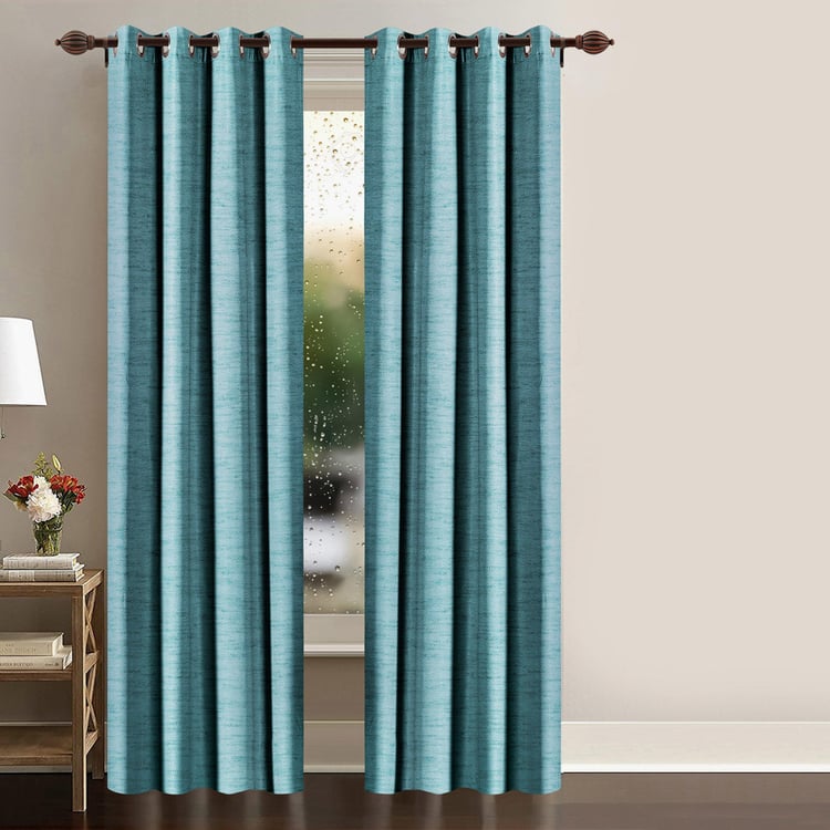 DECO WINDOW Solid Blue Textured Semi-Blackout Door Curtain - 122x274cm - Set Of 2