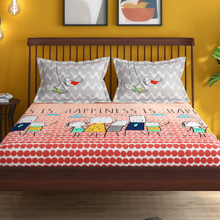 PORTICO Happiness Is Multicolored Printed Cotton Super King Size Bedsheet Set - 274x274cm - 3Pcs