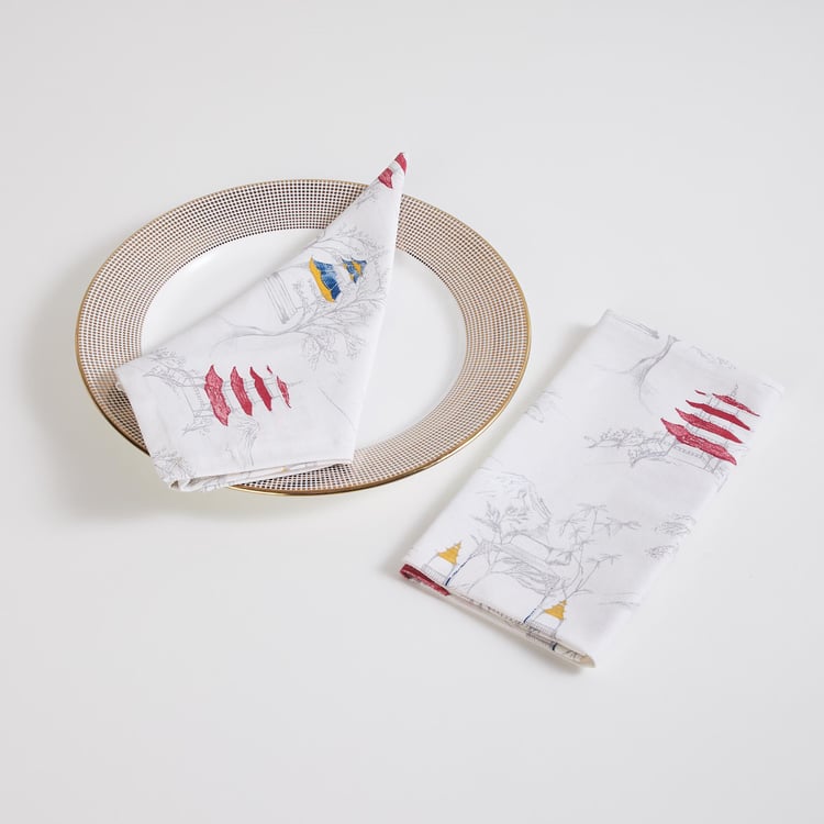 Art Of Asia White Printed Cotton Napkin - Set of 2