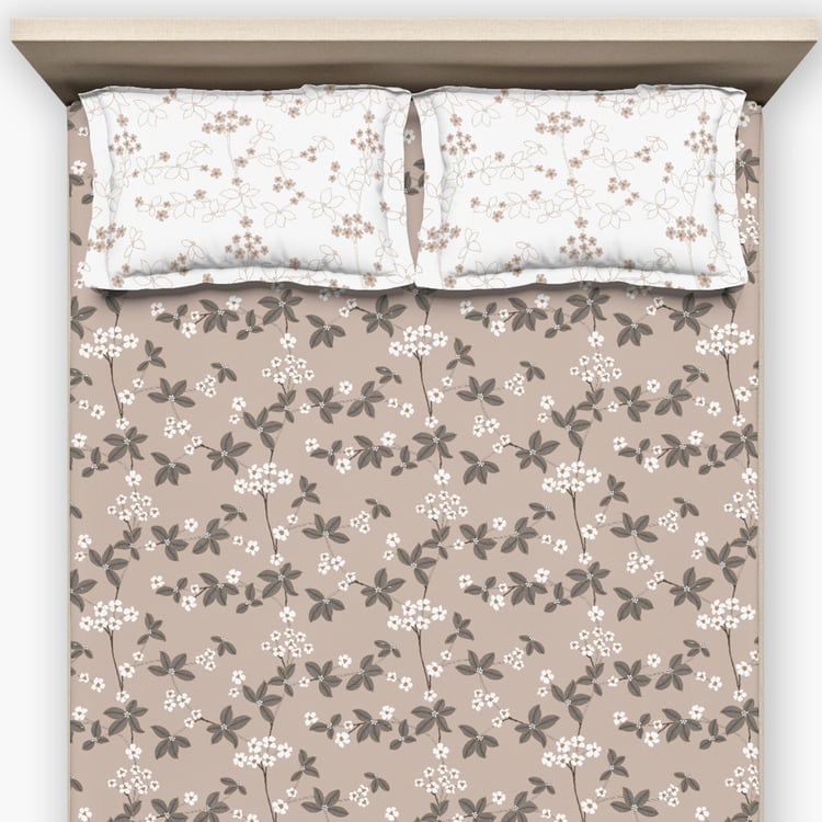 D'DECOR Alpha Brown Floral Print Cotton King Fitted Bedsheet Set - 182 cm x 198 cm - 3Pcs