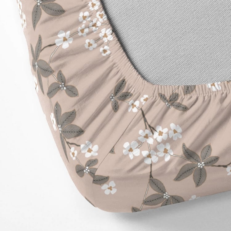 D'DECOR Alpha Brown Floral Print Cotton King Fitted Bedsheet Set - 182 cm x 198 cm - 3Pcs