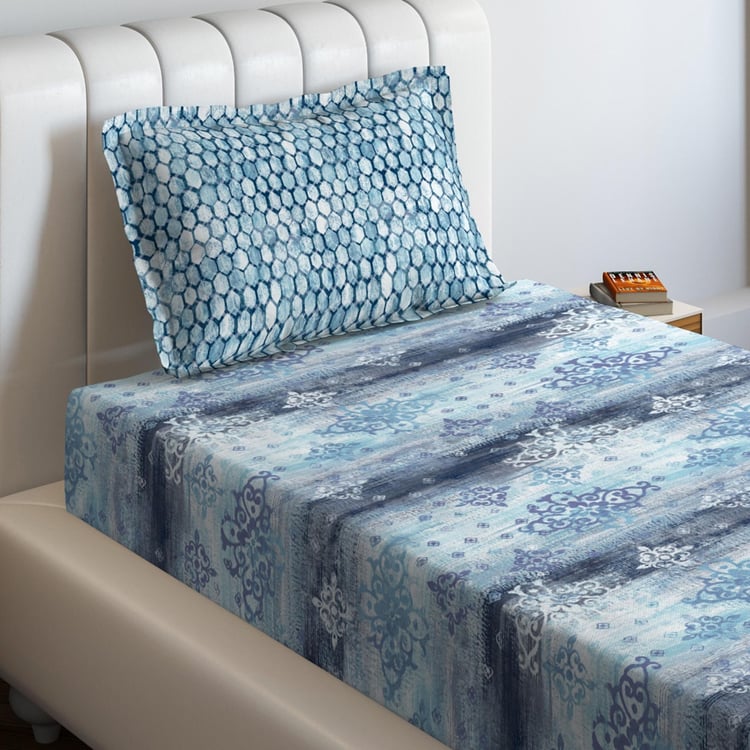 D'DECOR Cherish Blue Ethnic Print Cotton Single Bedsheet Set - 152x224cm - 2Pcs