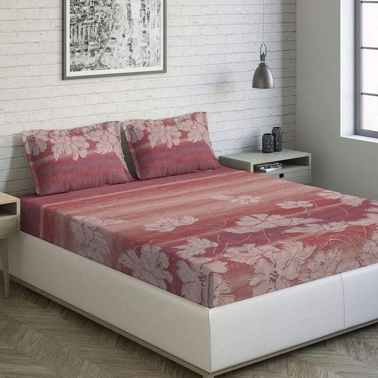 D'DECOR Maxima Red Floral Print Cotton Super King Bedsheet Set - 274x274cm - 3Pcs