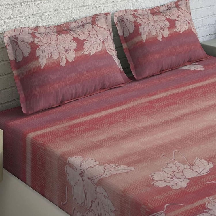 D'DECOR Maxima Red Floral Print Cotton Super King Bedsheet Set - 274x274cm - 3Pcs