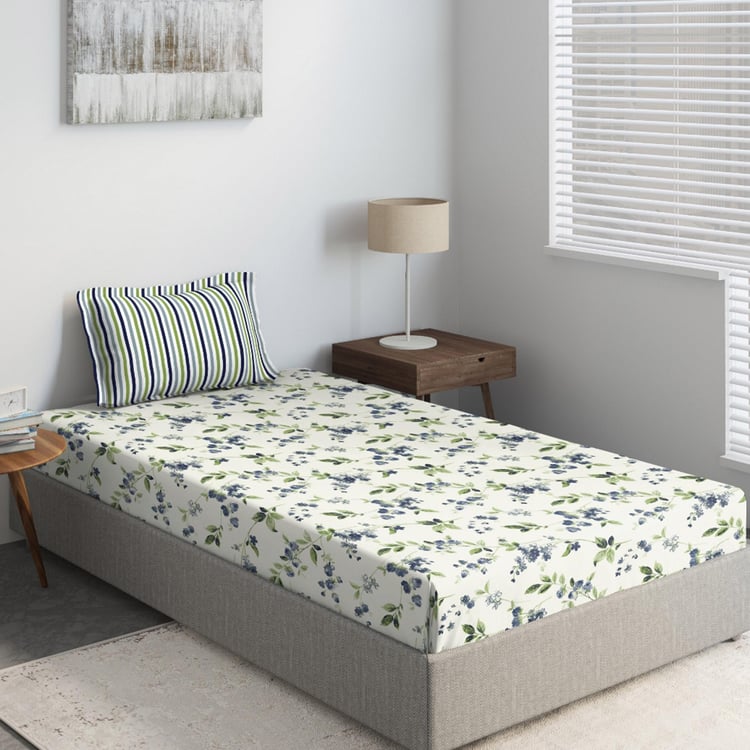 D'DECOR Alpha Blue Printed Cotton Single Bedsheet Set - 152x223cm - 2Pcs