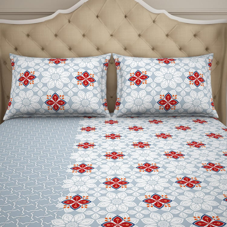 SPACES Blockbuster Blue Printed Cotton Queen Bedsheet Set - 224x254cm - 3Pcs