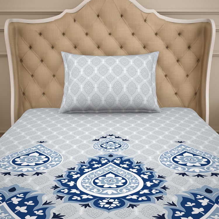 SPACES Blockbuster Blue Printed Cotton Flat Single Bedsheet Set - 150x220cm - 2Pcs