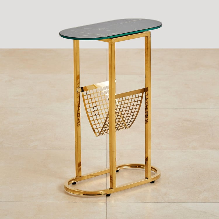 Monarch Tempered Glass End Table with Magazine Rack - Black and Gold
