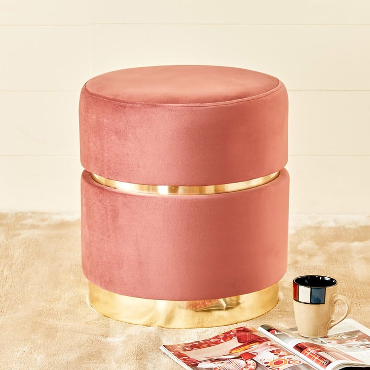 Coral Velvet Ottoman with Gold Accents
