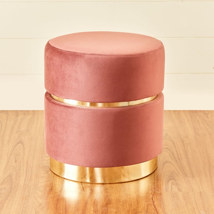 Coral Velvet Ottoman with Gold Accents