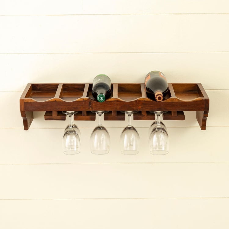 Helios Swastik Sheesham Wood Wall Mount Bar Rack - Brown