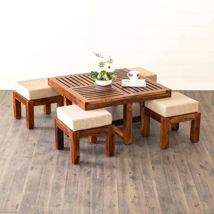 Helios Jolly Sheesham Wood Coffee Table with Stools - Brown