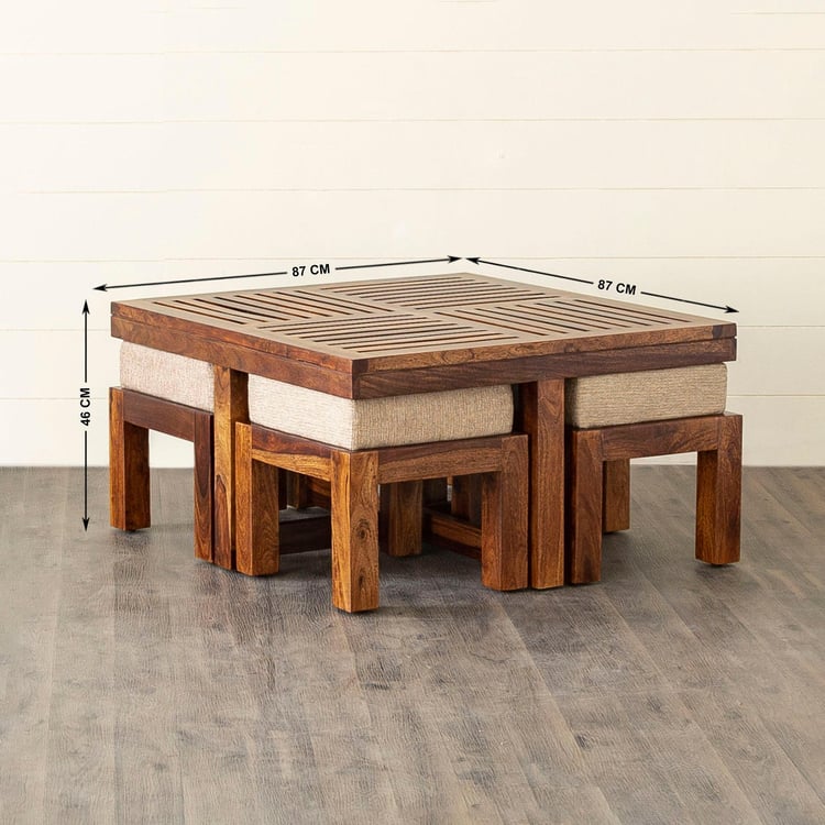 Helios Jolly Sheesham Wood Coffee Table with Stools - Brown