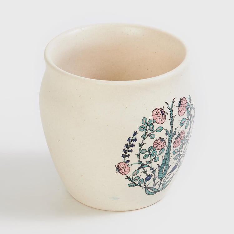 Fiesta White Floral Printed Stoneware Khullad - 180ml