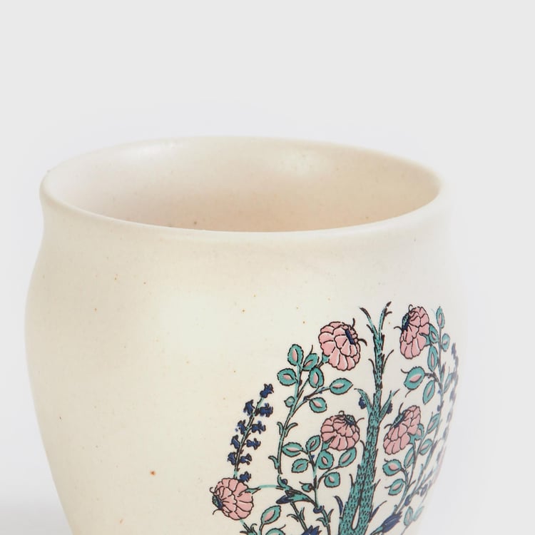 Fiesta White Floral Printed Stoneware Khullad - 180ml