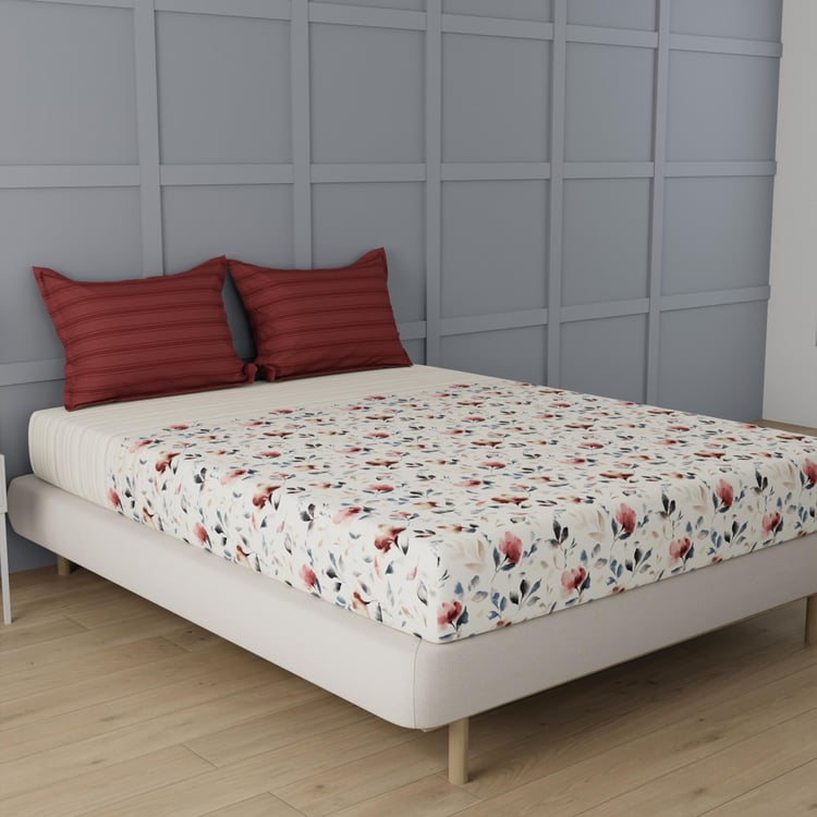 TRIDENT Classic Cream Printed Cotton Super King Bedsheet Set - 274x274cm - 3Pcs