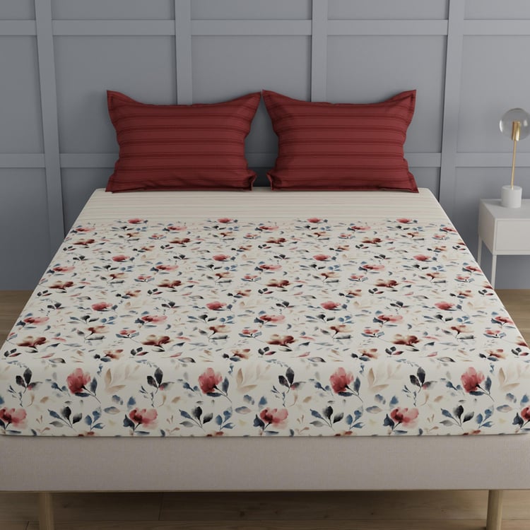 TRIDENT Classic Cream Printed Cotton Super King Bedsheet Set - 274x274cm - 3Pcs