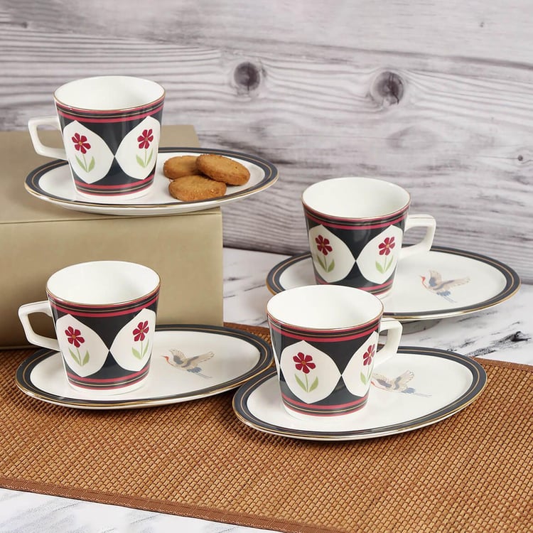 Clay Craft India Circus Gruidae's Trance White Printed Ceramic Cup And Saucer - Set of 4