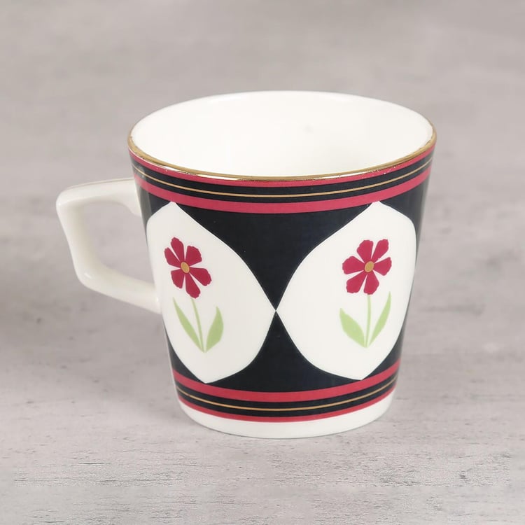 Clay Craft India Circus Gruidae's Trance White Printed Ceramic Cup And Saucer - Set of 4