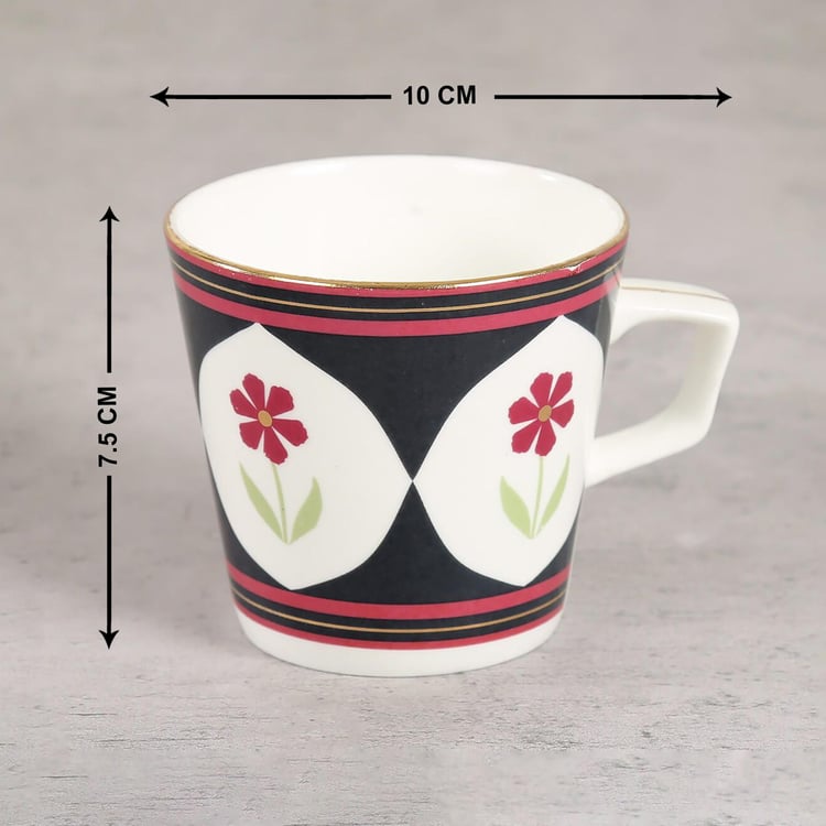 Clay Craft India Circus Gruidae's Trance White Printed Ceramic Cup And Saucer - Set of 4