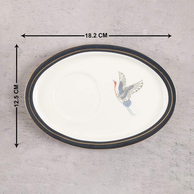 Clay Craft India Circus Gruidae's Trance White Printed Ceramic Cup And Saucer - Set of 4