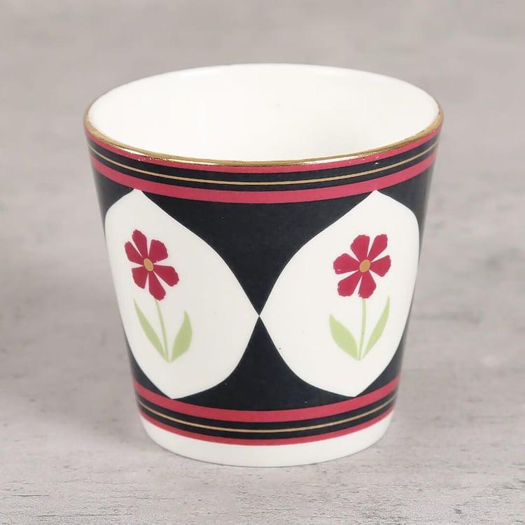 Clay Craft India Circus Gruidae's Trance White Printed Ceramic Cup And Saucer - Set of 4