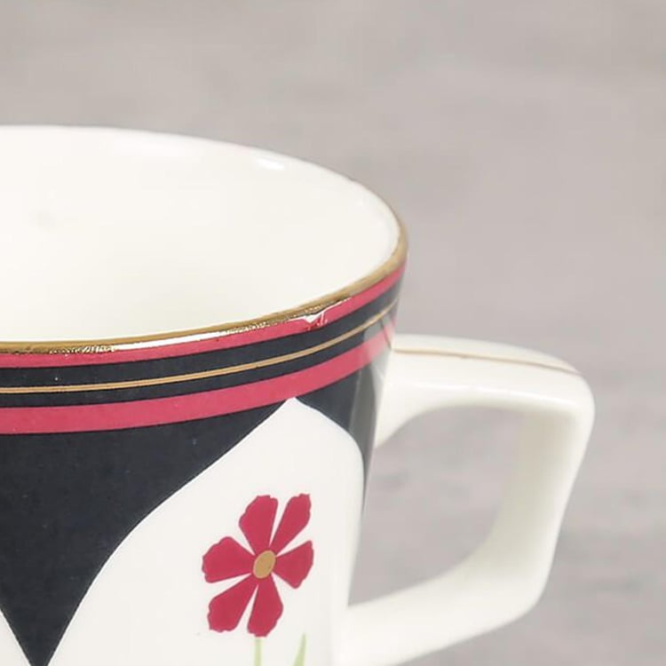 Clay Craft India Circus Gruidae's Trance White Printed Ceramic Cup And Saucer - Set of 4