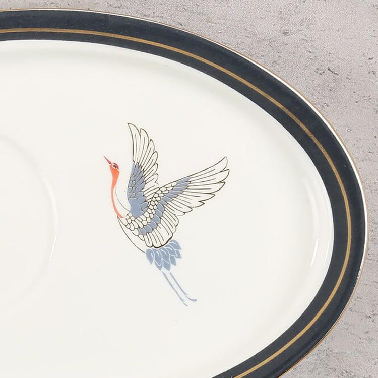 Clay Craft India Circus Gruidae's Trance White Printed Ceramic Cup And Saucer - Set of 4