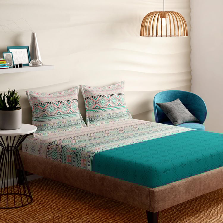 PORTICO Charlotte Teal Blue Printed Cotton Super King Bedsheet Set - 274x274cm - 3Pcs