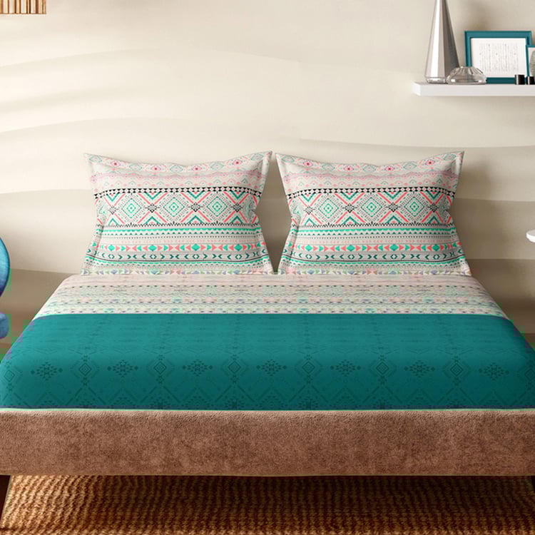 PORTICO Charlotte Teal Blue Printed Cotton Super King Bedsheet Set - 274x274cm - 3Pcs