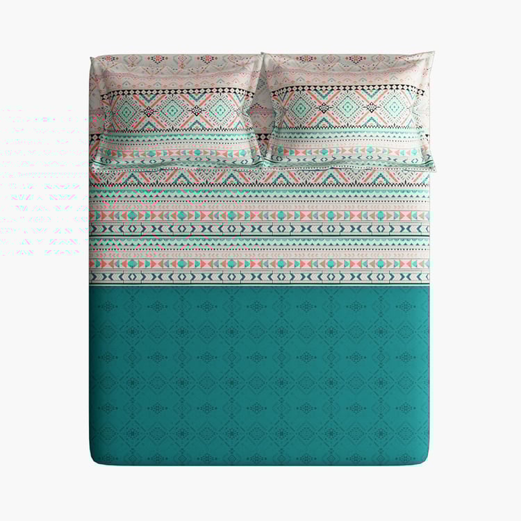 PORTICO Charlotte Teal Blue Printed Cotton Super King Bedsheet Set - 274x274cm - 3Pcs