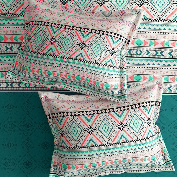 PORTICO Charlotte Teal Blue Printed Cotton Super King Bedsheet Set - 274x274cm - 3Pcs