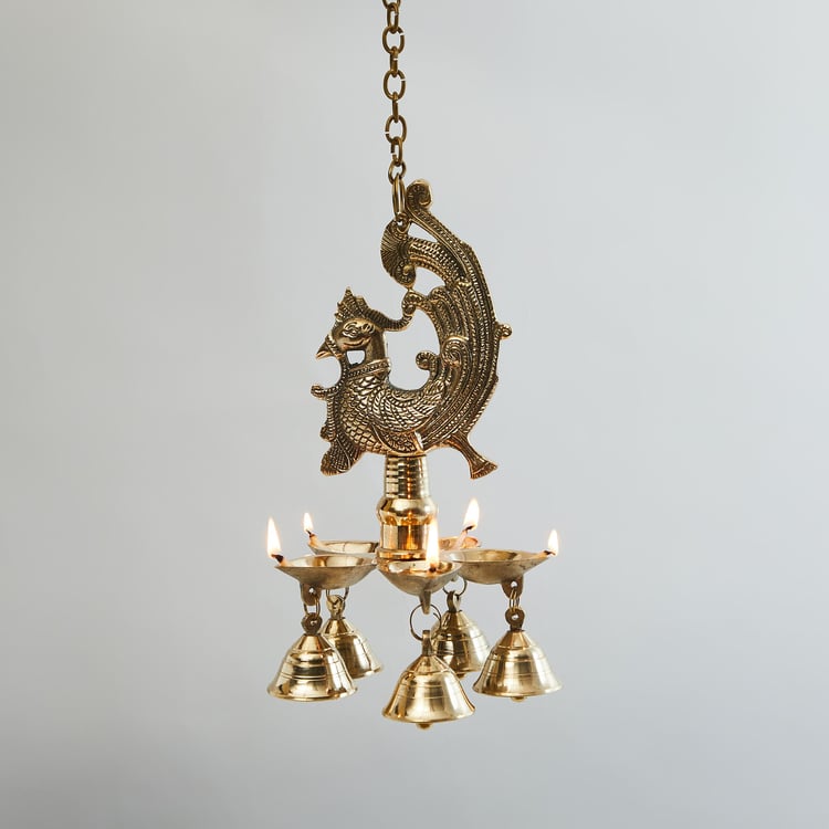 Upasana Gold Textured Metal Peacock Hanging Diya