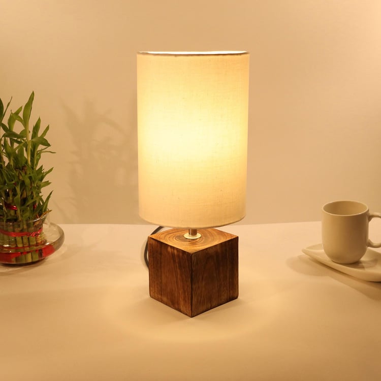 HOMESAKE Contemporary Decor Brown Wooden And Linen Table Lamp With Shade