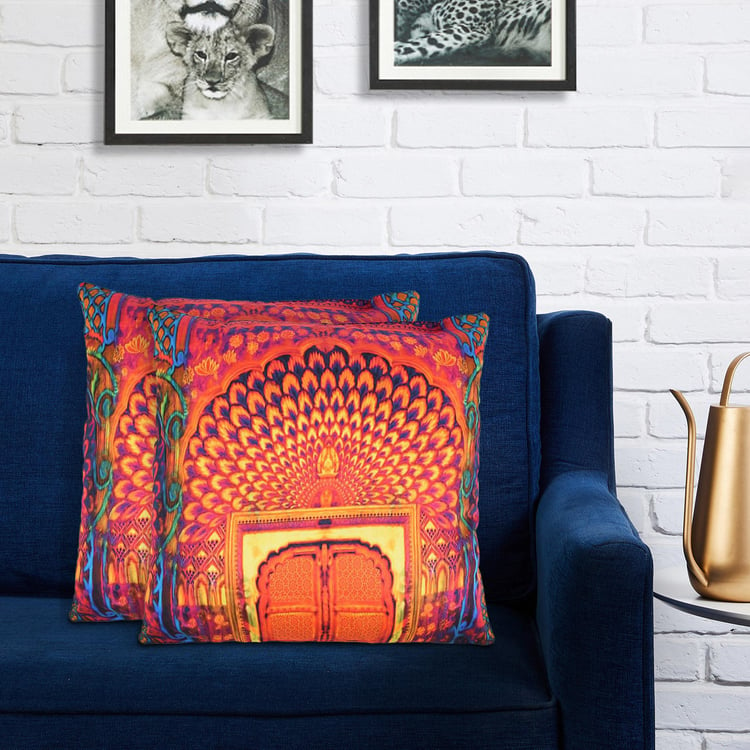 PORTICO Band Baja Barat Multicolour Printed Cotton Cushion Cover - 41x41cm - Set of 2