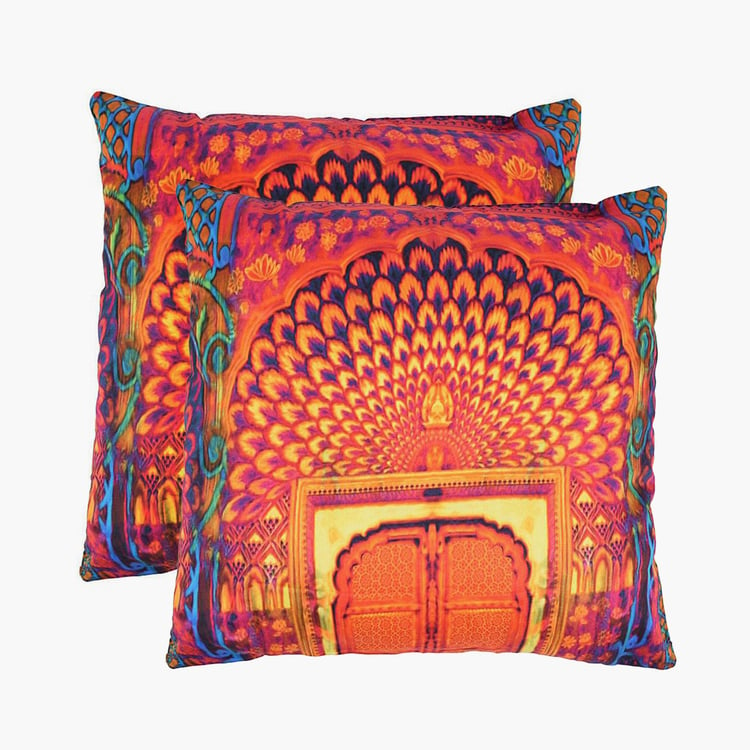 PORTICO Band Baja Barat Multicolour Printed Cotton Cushion Cover - 41x41cm - Set of 2