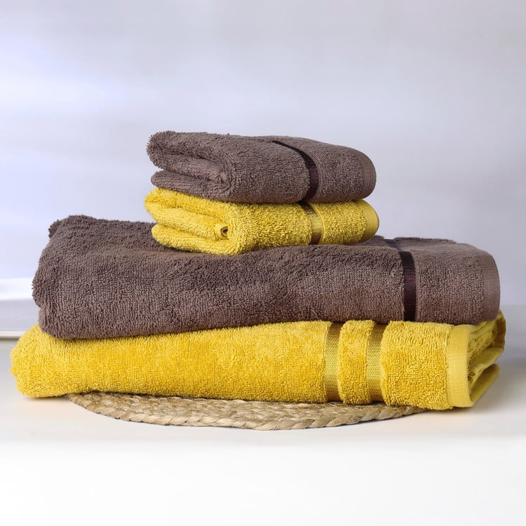 Spaces Atrium Yellow And Brown Textured Cotton Towel Set - 4Pcs